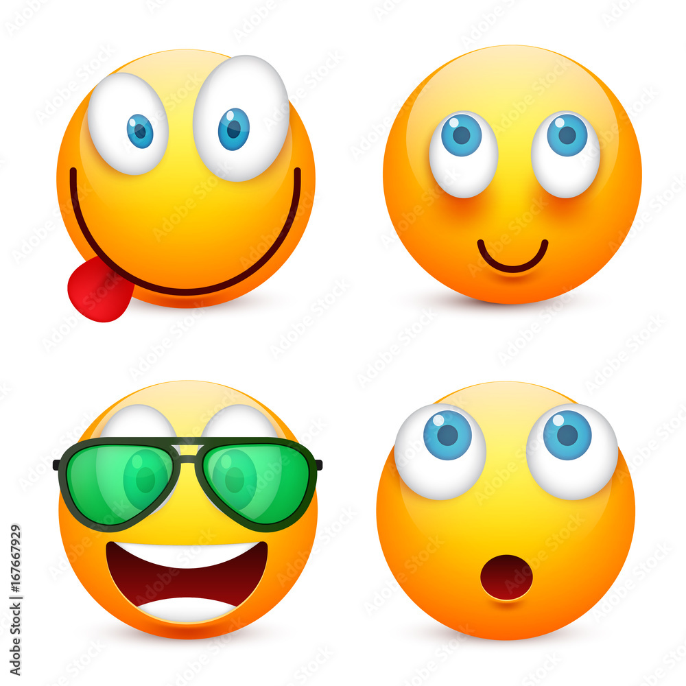 Smiley with blue eyes,emoticon set. Yellow face with emotions. Facial expression. 3d realistic emoji. Sad,happy,angry faces.Funny cartoon character.Mood.Vector illustration. Smiley with blue eyes,emoticon set. Yellow face with emotions. Facial expression. 3d realistic emoji. Sad,happy,angry faces.Funny cartoon character.Mood.Vector illustration.