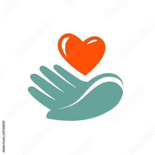 Donation, charity logo or label. Hand holding heart icon. Vector symbol