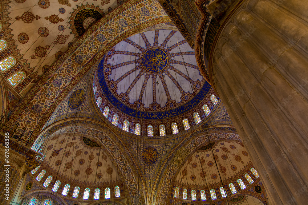 Low Angle View of Blue Mosque Inside Domes