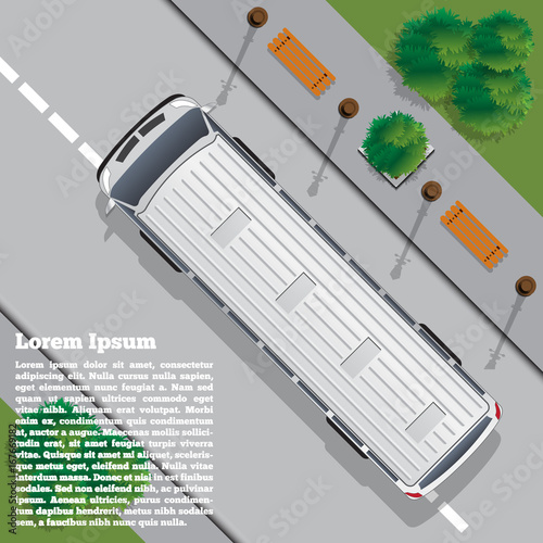 The bus goes on the road. View from above. Vector illustration.