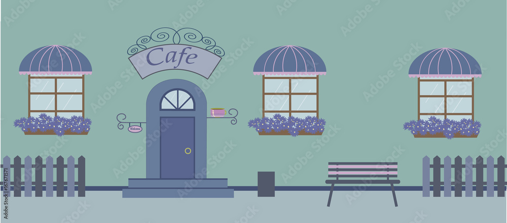 Obraz premium Pretty scenery in a rustic style. A cafe, three windows with a striped awnings, door, stairs, flowers.A cute bench. A fence. Vector illustration