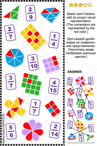 Educational math puzzle for learning and teaching fractions: Match each fraction to its proper visual representation.  Answer included.
