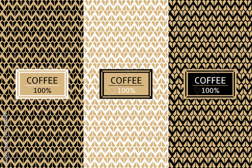 Coffee Package set template vector. Luxury collection of seamless patterns for royal label design. Tag for drink products, cocoa bean sweets, wrapping paper and coffee shop.