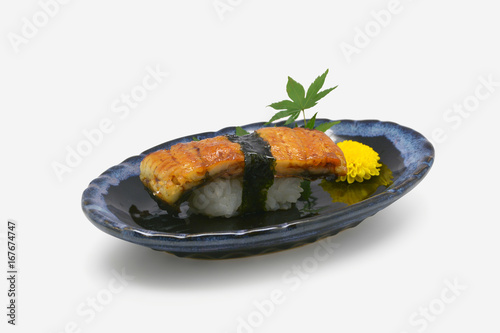 Unagi sushi in white plate on white background