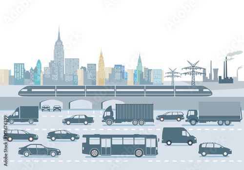 große Stadt mit Personentransport und Straßenverkehr