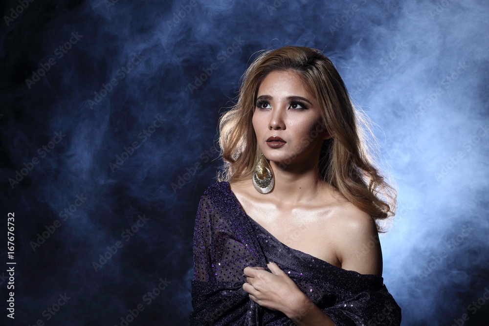 Asian Blonde wave Hair Woman, Portrait open shoulders with purple glitter Asian Blonde wave Hair Woman, Portrait open shoulders with purple glitter