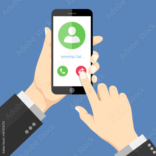 Flat Design style human hand holding the smartphone with incoming call on screen, vector design element illustrator