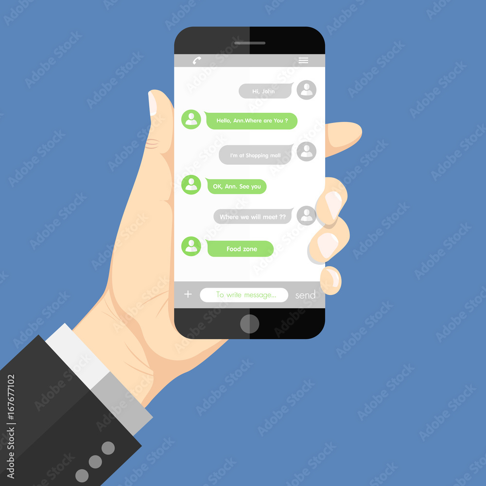 Flat Design style human hand holding the smartphone with chat online application on screen, vector design Element illustration Flat Design style human hand holding the smartphone with chat online application on screen, vector design Element illustration