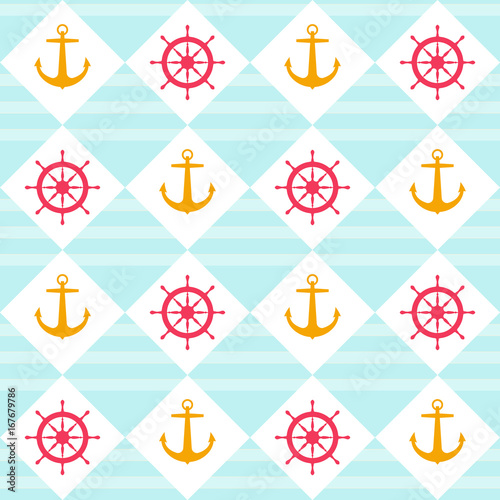 Nautical seamless pattern with anchor and wheel