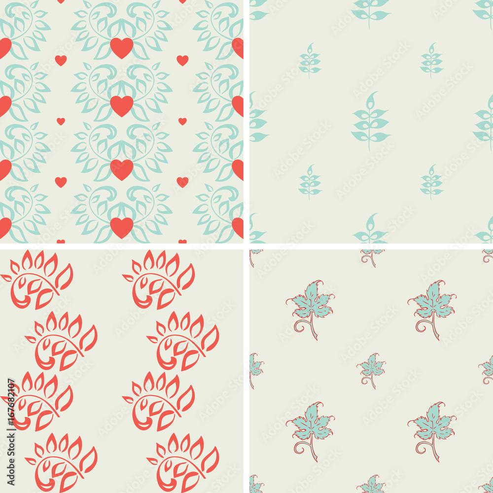Fototapeta premium Floral seamless pattern set with a leaves