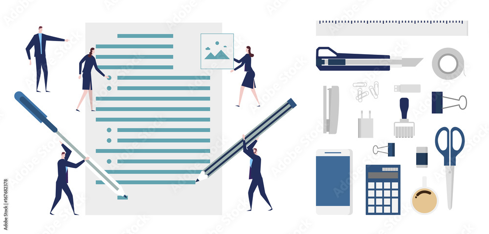Obraz premium A business man and woman are working. Business Concept of searching professional staff, analyzing personnel resume, office accessories.