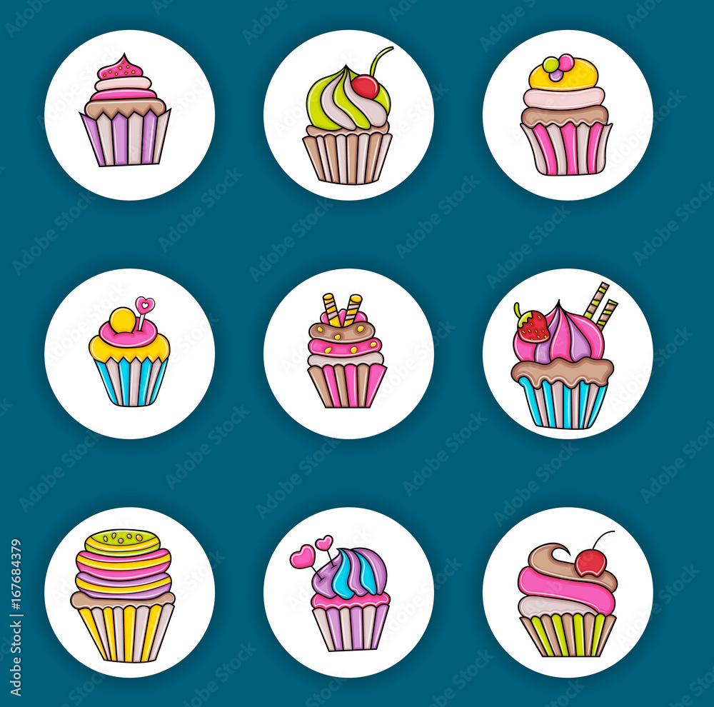 Cupcake cartoon doodle icon set. Cute elements for birthday or party decoration, greeting card,  advertisement, banner, flyer, brochure. Hand drawn vector illustration. 