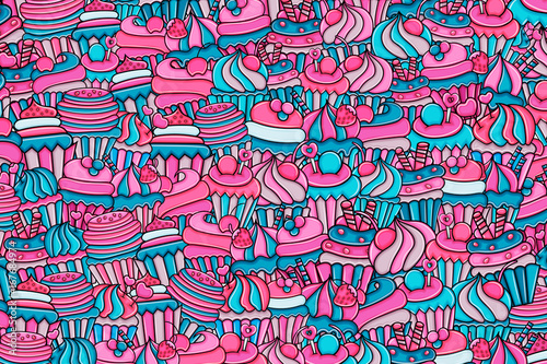 Cupcake cartoon doodle design. Cute background concept for birthday or party greeting card   advertisement  banner  flyer  brochure. Hand drawn vector illustration.  Pink and blue color.