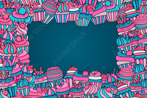 Cupcake cartoon doodle design. Cute background concept for birthday or party greeting card   advertisement  banner  flyer  brochure. Hand drawn vector illustration.  Pink and blue color.