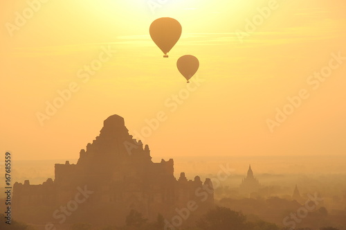 Temple with balloon in Bagan