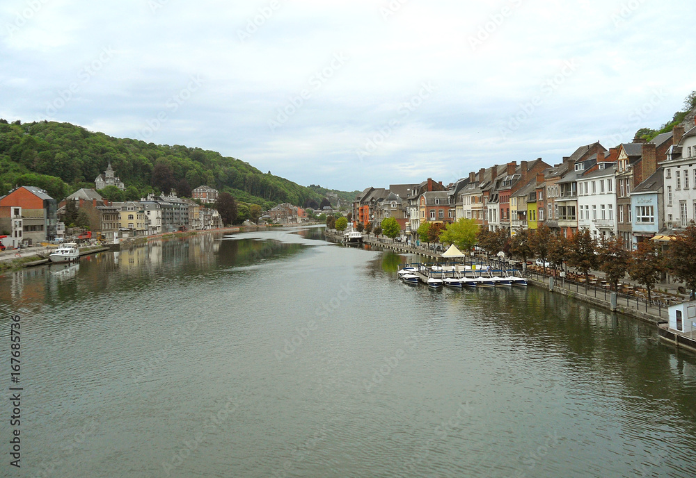 The Meuse river at the historic beautiful town of Dinant, Wallonia region of Belgium 