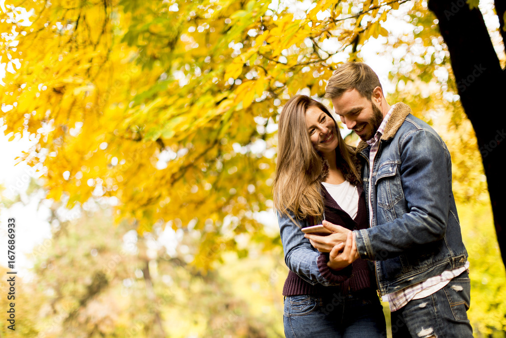Smiling couple hugging in autumn park and having fun
