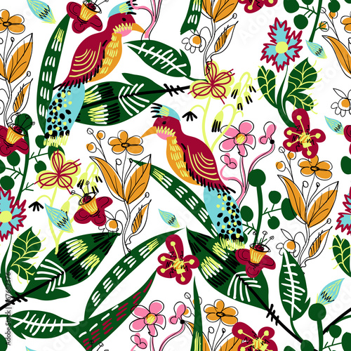 Seamless pattern with bird  leaves and flowers for textile design