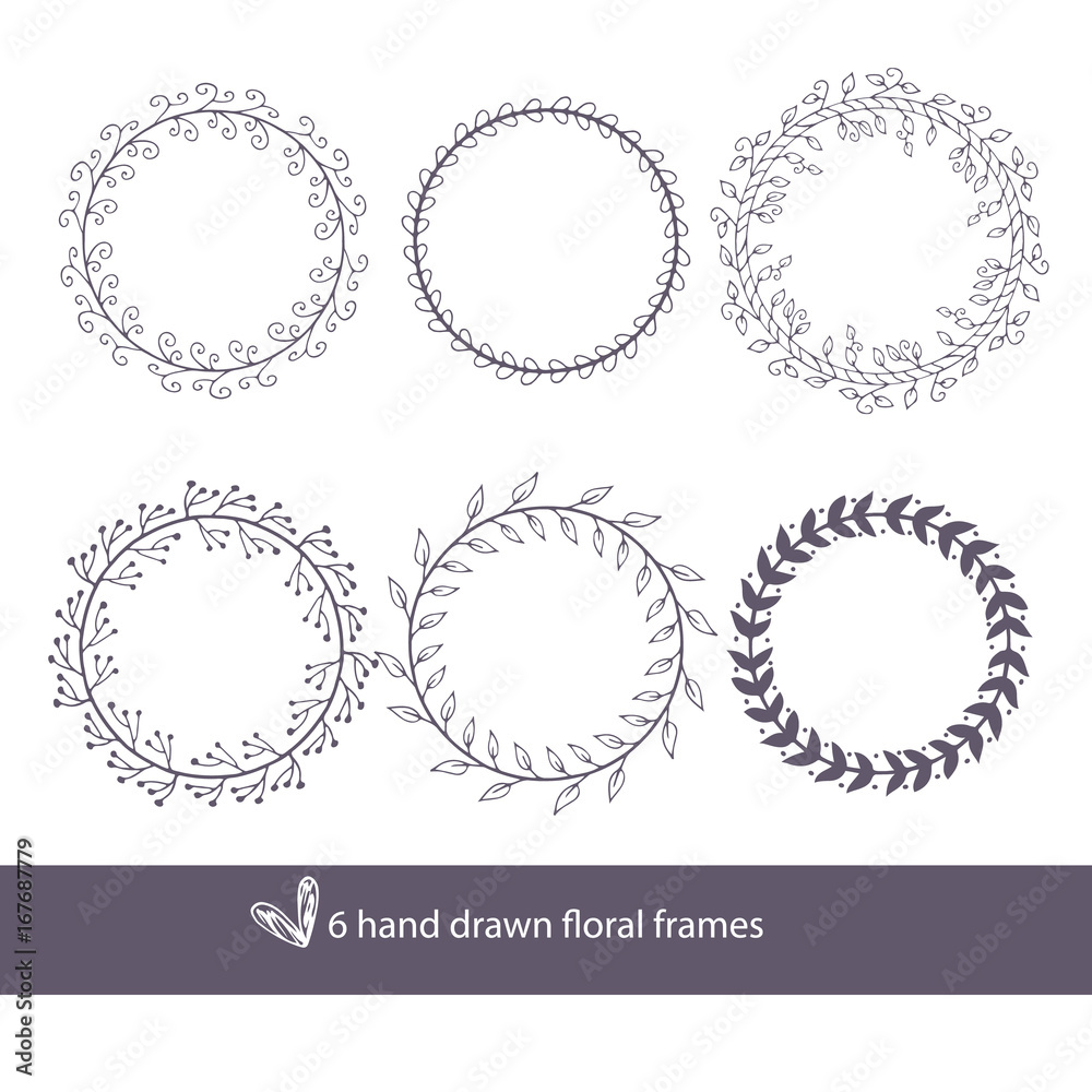 Unique hand drawn round frames - wedding decor elements in boho style. Vector floral collection.