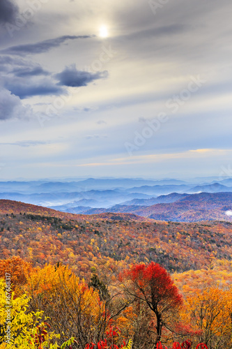 foggy mountain scene in fall