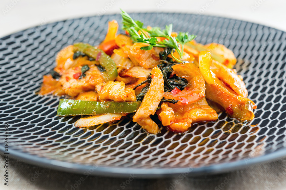 wok fried chicken stir fry with sweet peppers and chinese vegetables wok fried chicken stir fry with sweet peppers and chinese vegetables