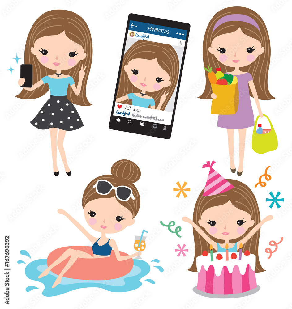 Vector of girl taking selfie, grocery shopping, enjoying the pool, and having birthday. Vector of girl taking selfie, grocery shopping, enjoying the pool, and having birthday.