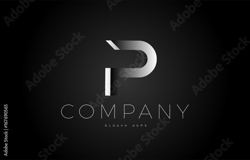 P black white silver letter logo design icon alphabet 3d