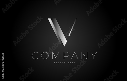 V black white silver letter logo design icon alphabet 3d