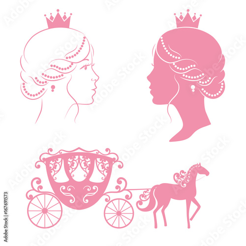 Profile silhouette of a princess and carriage.