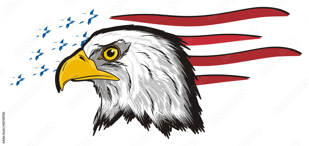 Eagle, bird, bald eagle, head, white, America, USA, cartoon, american,  head, hunter, 4 july, flag, lines, stars Stock Illustration | Adobe Stock