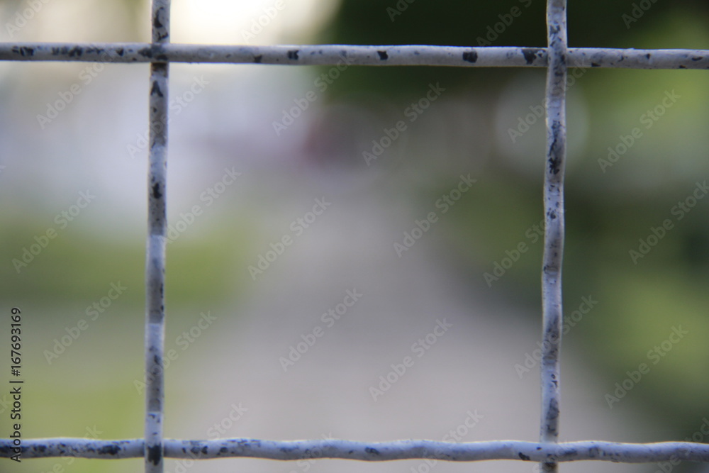Square and metal fences can be seen through the building and green trees. Square and metal fences can be seen through the building and green trees.