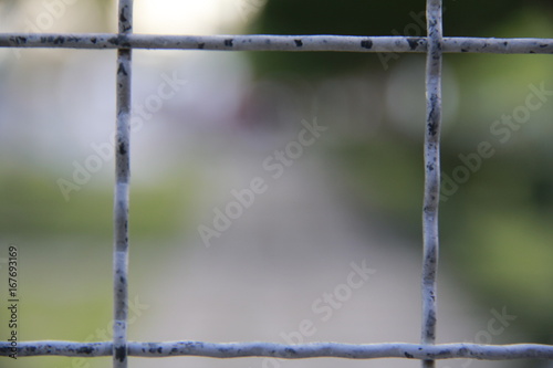 Square and metal fences can be seen through the building and green trees.