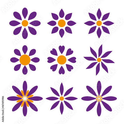 Set of nine simple flower shapes in two colors