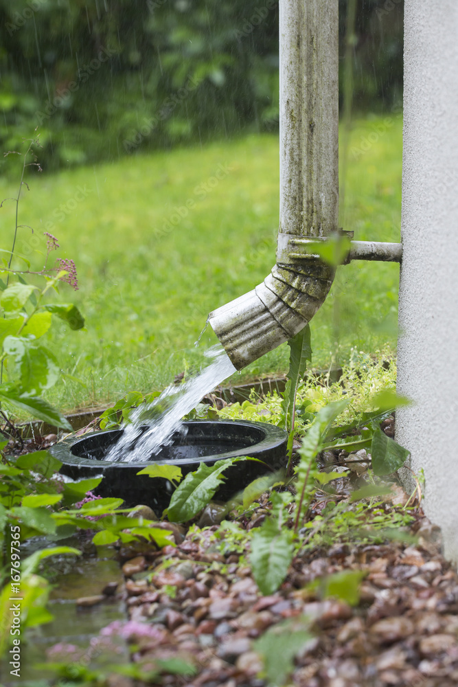 Heavy rain outdoors. Drains are filled with water. Gutter pipe flooding with water.