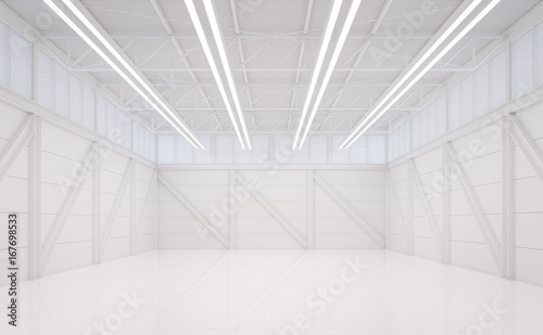 Modern white warehouse interior 3d rendering image,There are empty space with white tile floor and white steel structure