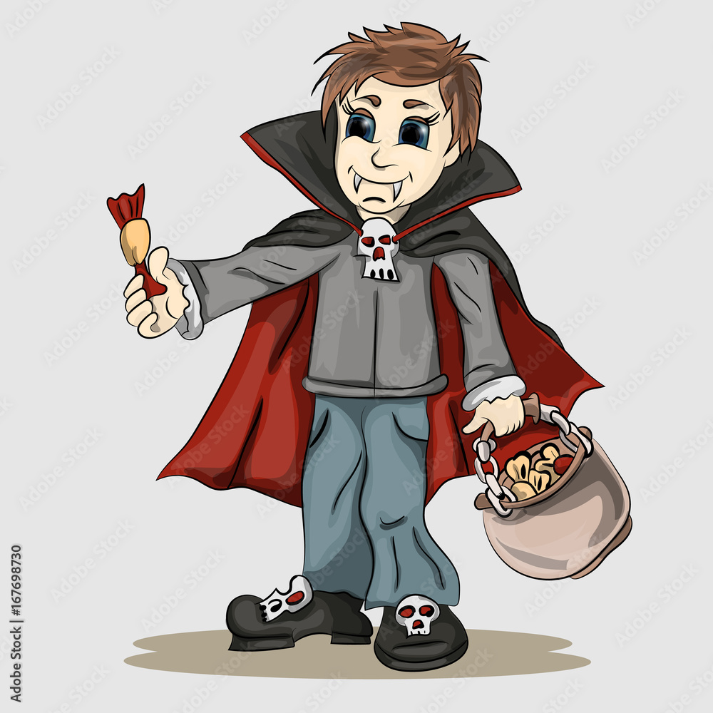 Boy in vampire costume with candy in hands