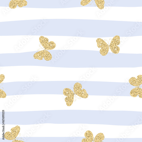 Golden yellow glittering butterflies on blue striped background. Cute seamless pattern.