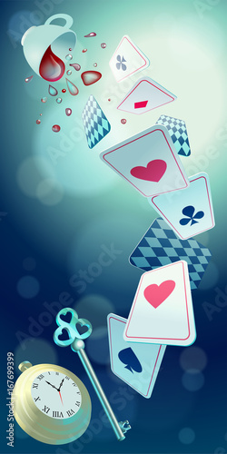 Alice in Wonderland. Playing cards, pocket watch, key, cup and poison falling down the rabbit hole. Vector background, vertical banner