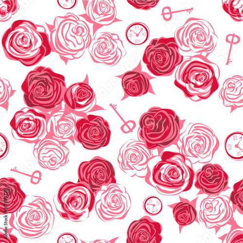 Red roses and white roses  key and clock on white background. Seamless pattern. Alice in Wonderland background  wallpaper. Vector illustration