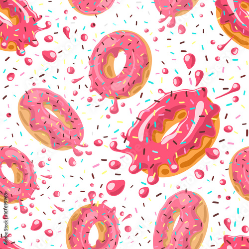 Donuts with pink glaze falling on white background. Splashes of pink donut's glaze and colored sprinkles. Seamless donut's pattern