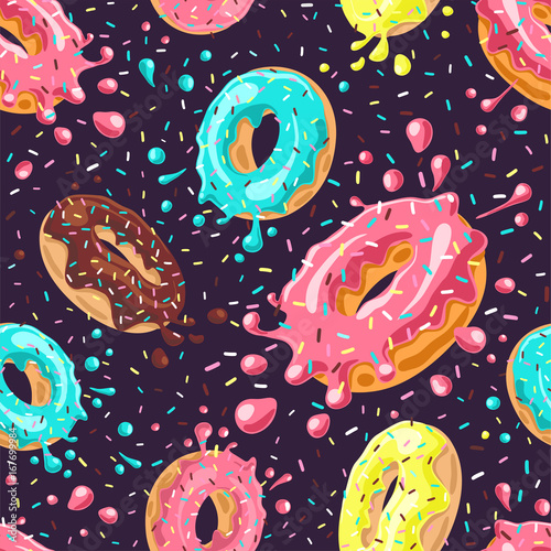 Donuts with pink, chocolate, lemon, blue mint glaze falling on dark background. Splashes of colored donut's glaze and colored sprinkles. Seamless donut's pattern