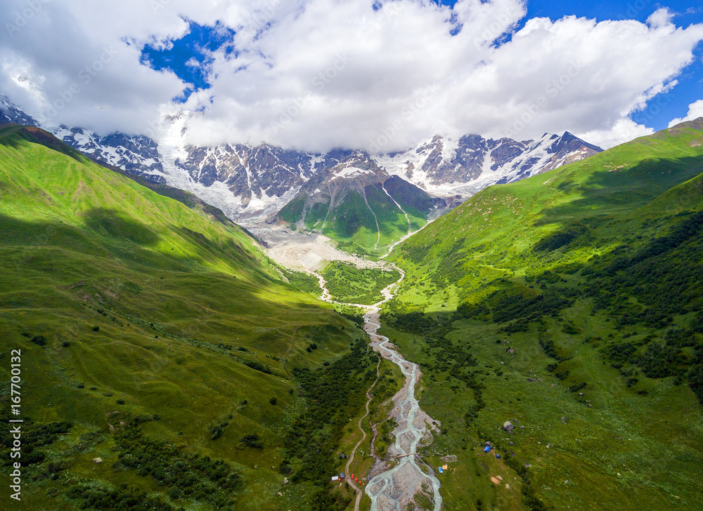 Aerial view of Shkhara Glacier. Upper Svaneti, Georgia. Caucasus mountains