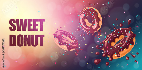 Bright food card. Donuts with chocolate glaze falling on chocolate background. Splashes of chocolate donut's glaze  and colored sprinkles. Text sweet donut. Vector background, horizontal banner
