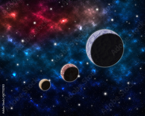 Space scenery with globe planets nebula dusts and clouds and glowing stars in universe background astrological celestial galaxy design