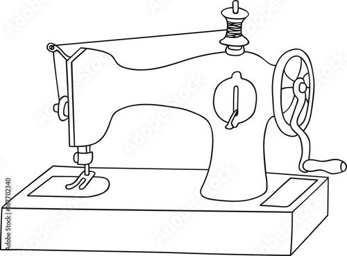 Hand drawn vector doodle illustration vintage sewing machine thread spool details, sketch, logo, banner design template