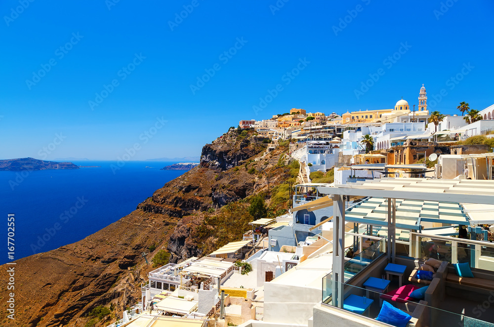 Houses and restaurants in town of Fira - island of Santorini (Greece)