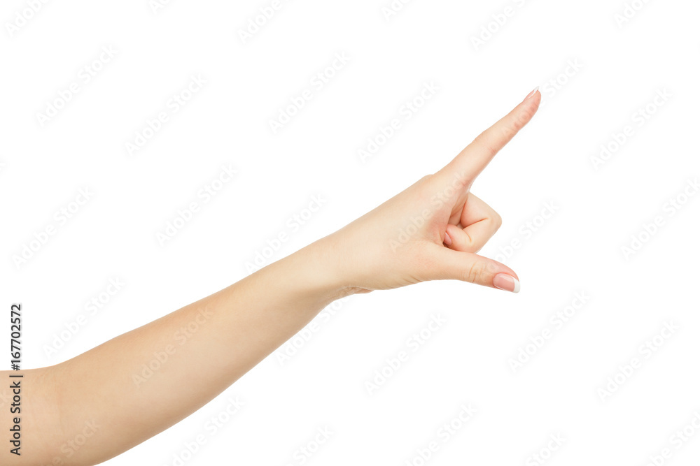 Woman's hand pointing on object with forefinger, crop, cutout Woman's hand pointing on object with forefinger, crop, cutout