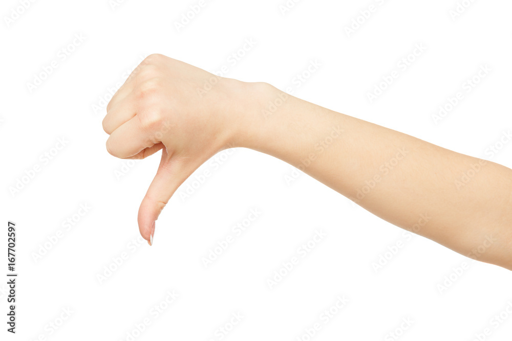 Woman's hand showing thumb down, crop, cutout Woman's hand showing thumb down, crop, cutout