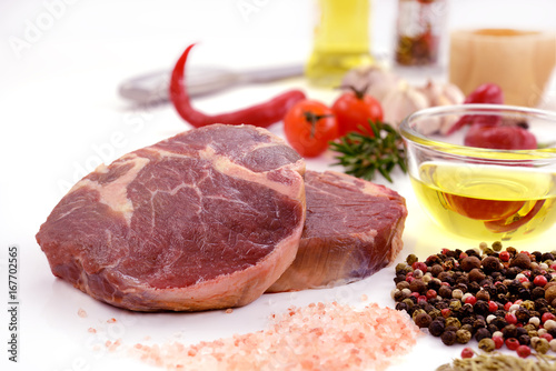 Raw meat, beef steak isolated on white background (tenderloin)