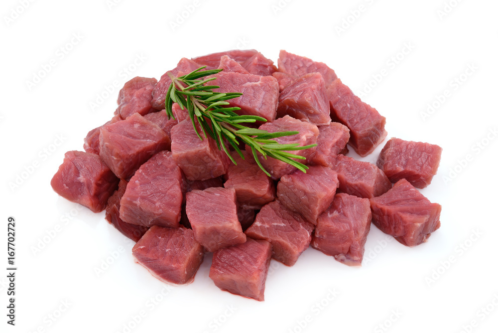 Raw meat, beef steak sliced in cubes isolated on white background Raw meat, beef steak sliced in cubes isolated on white background